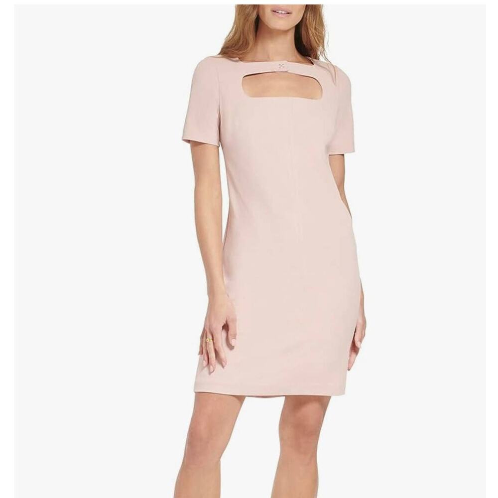 Tommy Hilfiger SheathMini  Dress Blush Pink Cutout Neck Scuba Crepe Short Sleeve